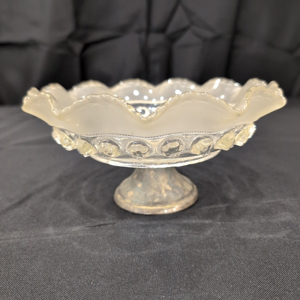 Vintage Frosted Ruffled Glass Compote Bowl Weighted Silver Tone Base - Picture 1 of 6